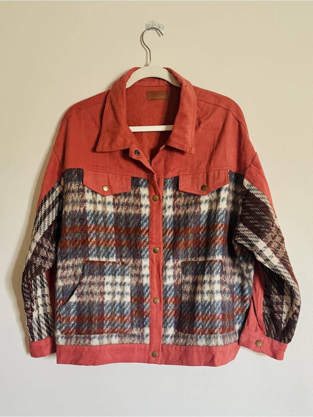 Umgee Plaid Mixed-Media Shacket in Rust